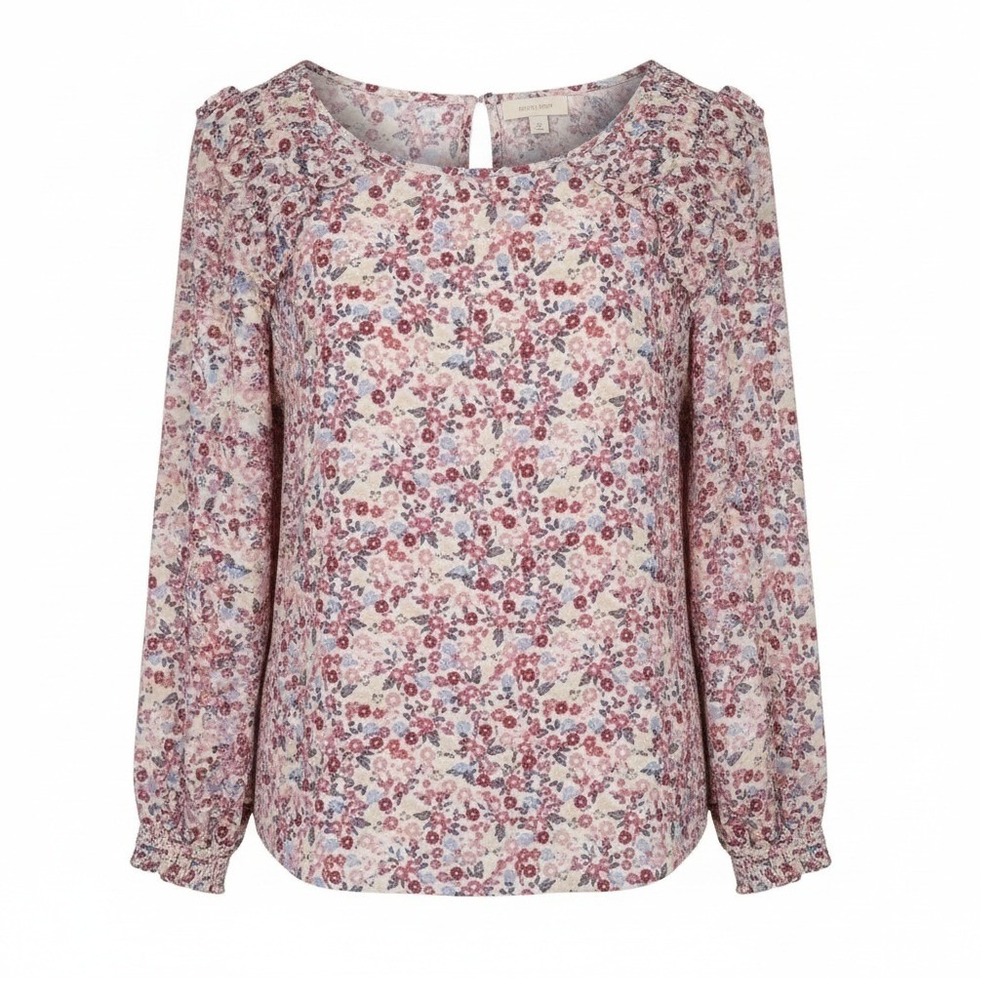 Max Studio Romantic Spring White Ruffled Shoulder Long Sleeve Floral Top Large